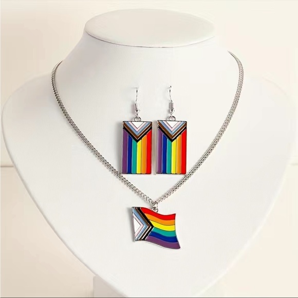 NEW! Rainbow Color Flag Shape Earrings & Necklace Set Pride Day - Picture 2 of 5